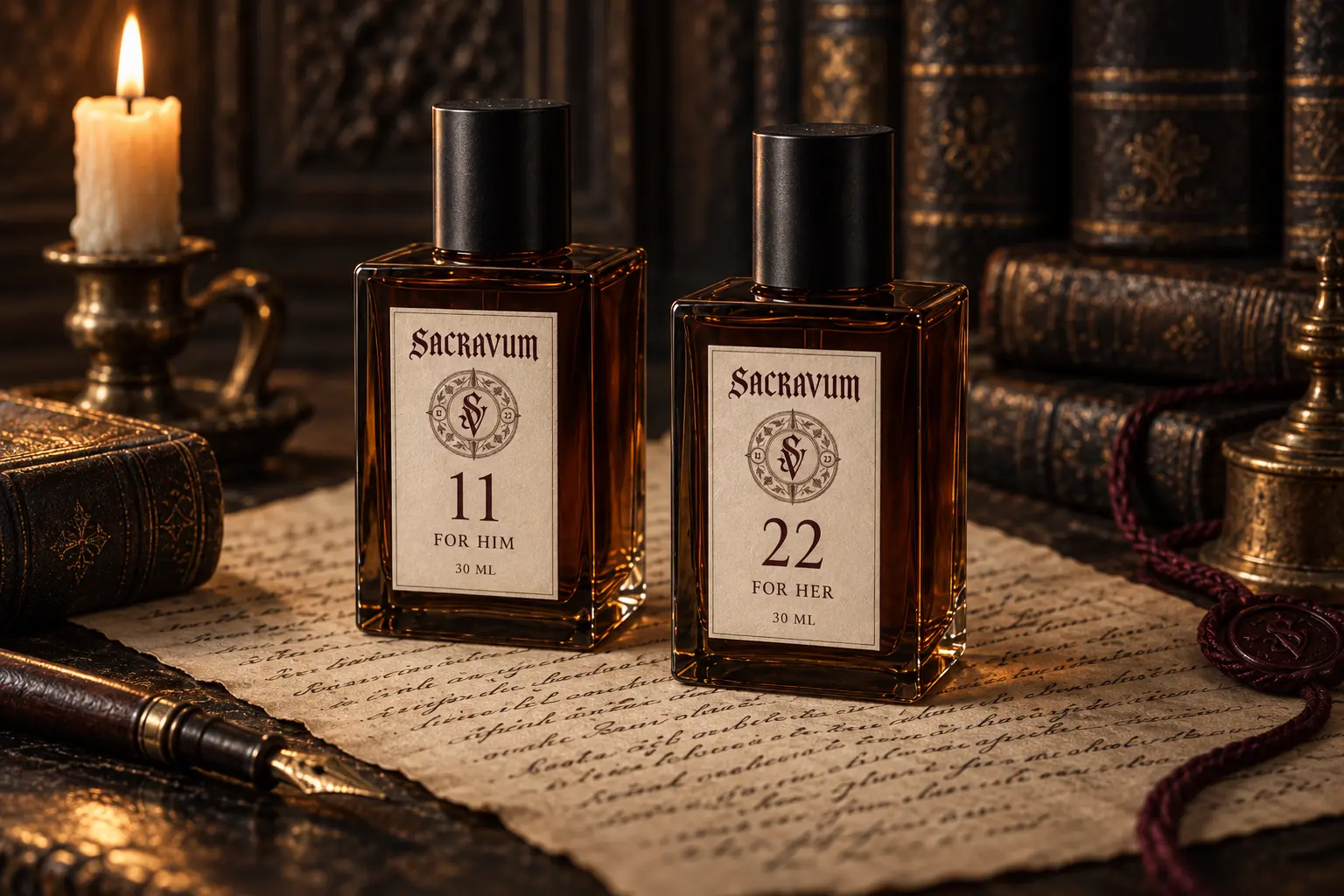The SACRAVUM 11 and 22 concept bottles on a manuscript beside candlelight and a maroon thread.