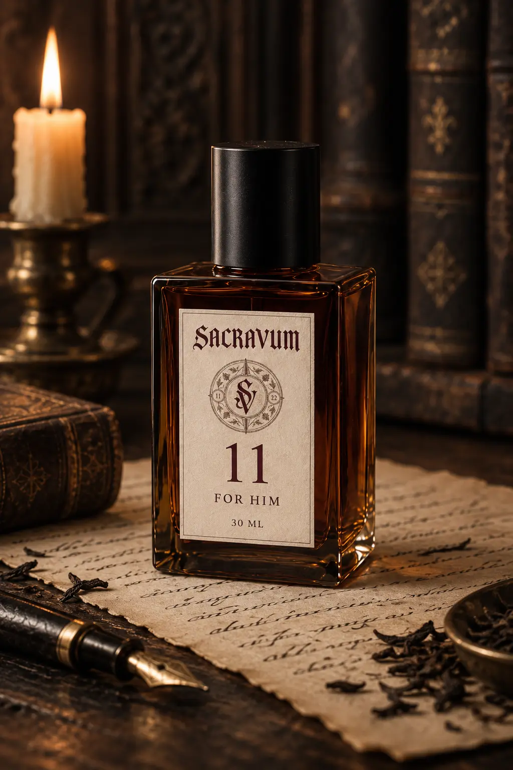 SACRAVUM 11, an amber concept bottle with the Gothic wordmark and engraved house seal.