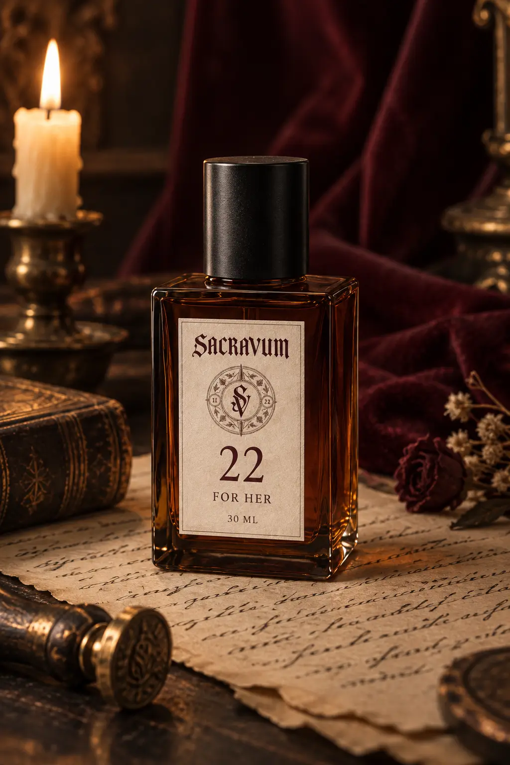 SACRAVUM 22, an amber concept bottle against maroon velvet, a dried rose and an old manuscript.